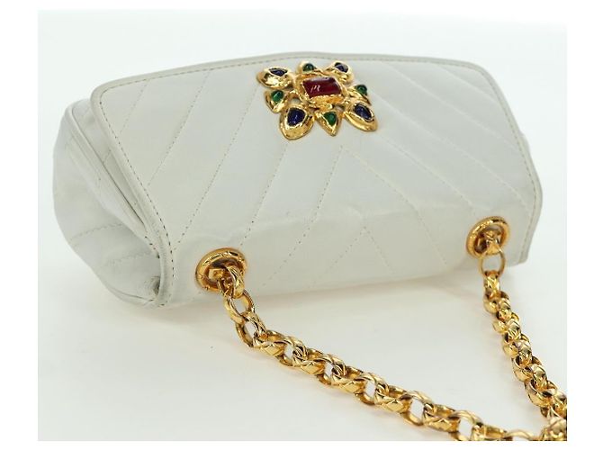 CHANEL Bolsa de Ombro Griboa V Stitch em Couro Branco Ouro CC Auth ARZ551SAV Dourado - vue 6