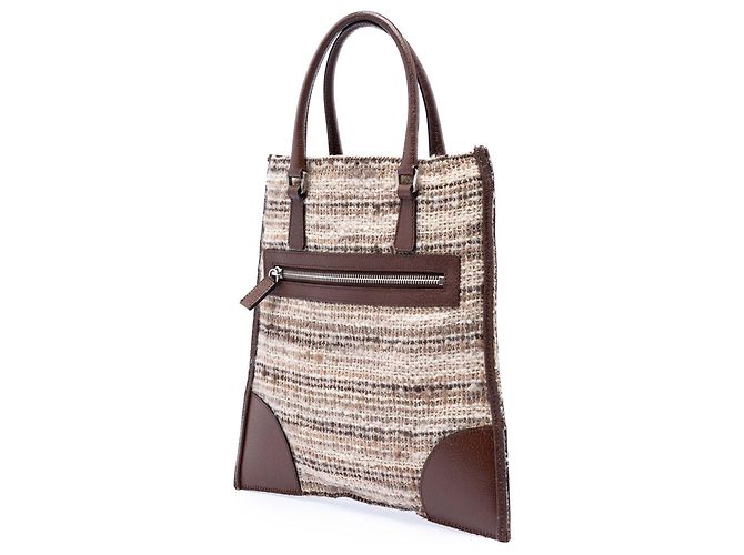 Beige Tweed Flach-Tote mit Vitello-Besatz von Prada - Ansicht 2