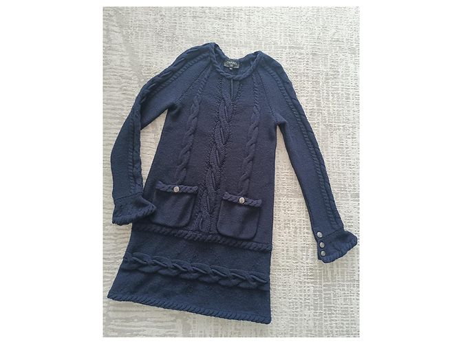 Chanel Kleid aus blauer Wolle und Kaschmir mit Kabelstrick FR34 Marineblau - Ansicht 3