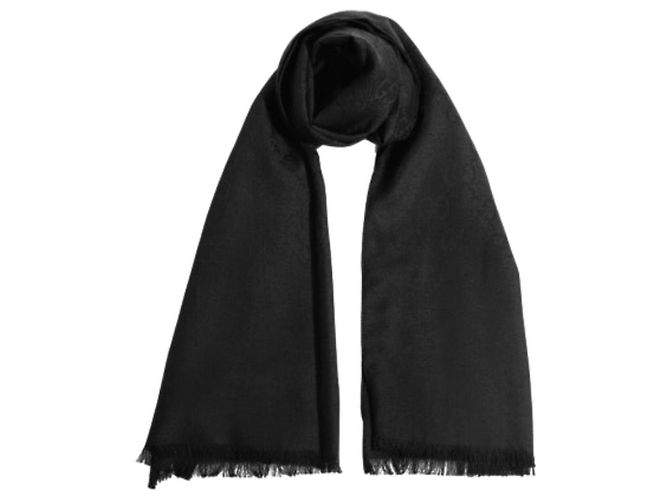 Gucci Sciarpa bicolore in lana e seta GG jacquard nera Nero - vista 2
