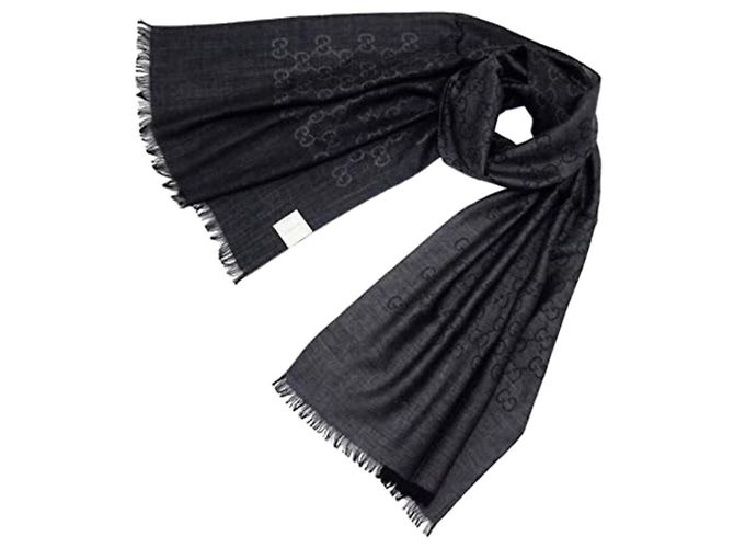 Gucci Sciarpa bicolore in lana e seta GG jacquard nera Nero - vista 3