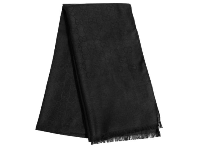 Gucci Sciarpa bicolore in lana e seta GG jacquard nera Nero - vista 4