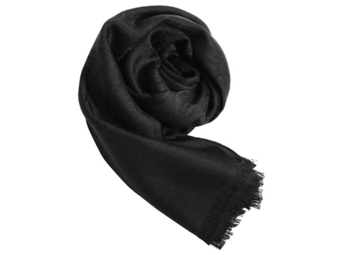 Gucci Sciarpa bicolore in lana e seta GG jacquard nera Nero - vista 6