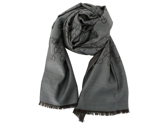 Gucci Sciarpa bicolore in lana e seta GG jacquard grigia Marrone - vista 2