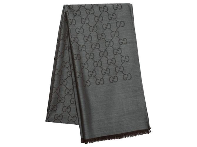 Gucci Sciarpa bicolore in lana e seta GG jacquard grigia Marrone - vista 3