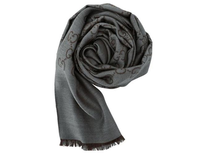 Gucci Sciarpa bicolore in lana e seta GG jacquard grigia Marrone - vista 5