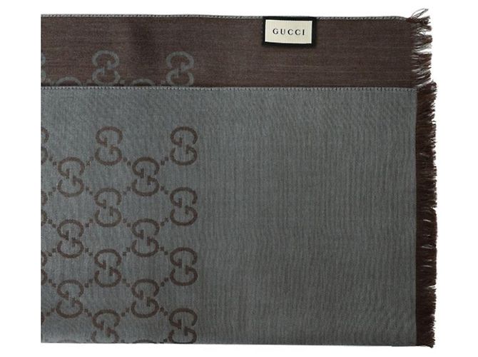 Gucci Sciarpa bicolore in lana e seta GG jacquard grigia Marrone - vista 6