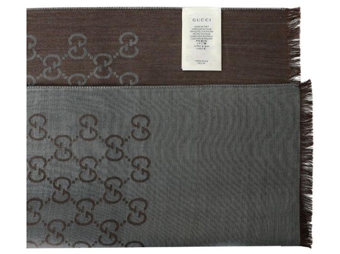 Gucci Sciarpa bicolore in lana e seta GG jacquard grigia Marrone - vista 7
