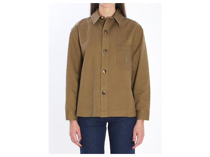 Saint Laurent Camicia overshirt in gabardine di cotone e lino Marrone - vista 4