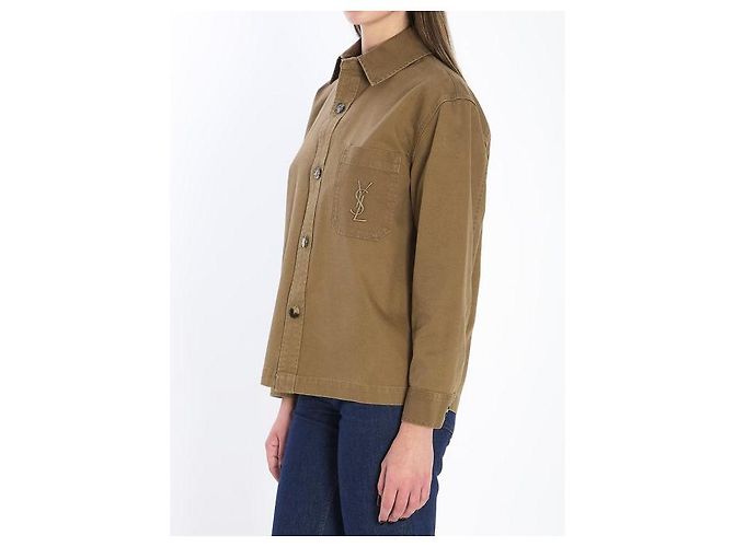 Saint Laurent Camicia overshirt in gabardine di cotone e lino Marrone - vista 5