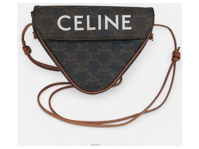 Céline Borsa a tracolla in tela tan Triomphe Triangle Marrone - vista 2