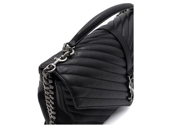 Saint Laurent Große schwarze Leder-Tote mit Vintage-Logo und Schultertasche - Ansicht 8
