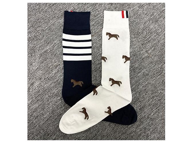 Thom Browne Calze Luna New Year Horse a Tre Strisce Blu Navy Bianco - vista 11