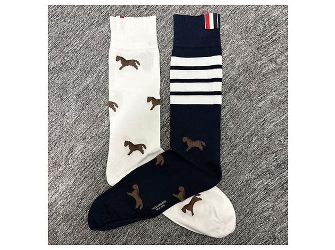 Thom Browne Calze Luna New Year Horse a Tre Strisce Blu Navy Bianco - vista 4