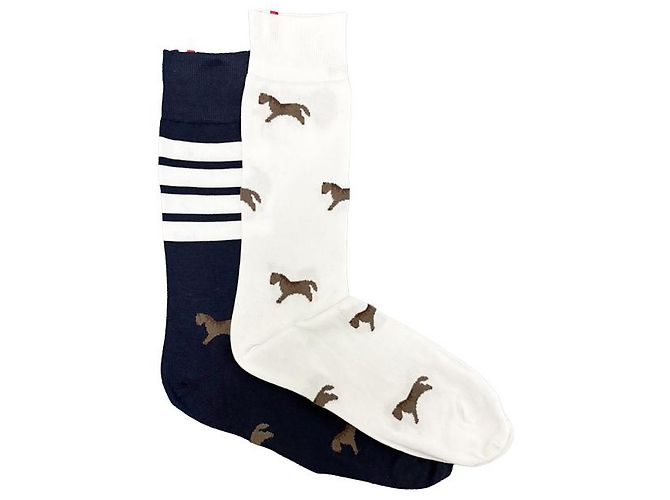 Thom Browne Calze Luna New Year Horse a Tre Strisce Blu Navy Bianco - vista 9