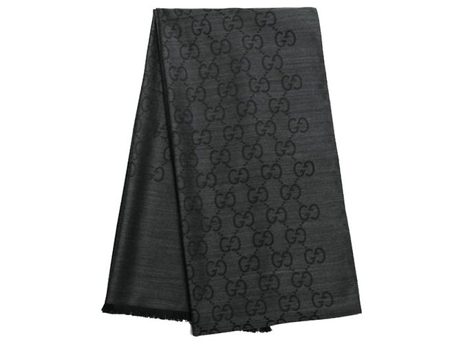 Gucci Sciarpa bicolore in lana e seta jacquard GG carbone Marrone - vista 3