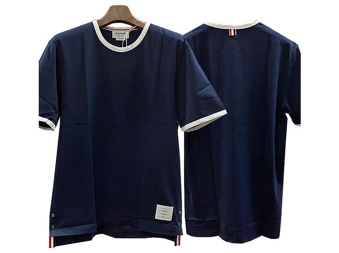 Thom Browne Camiseta Ringer con Abertura Lateral Azul Marino - vista 10