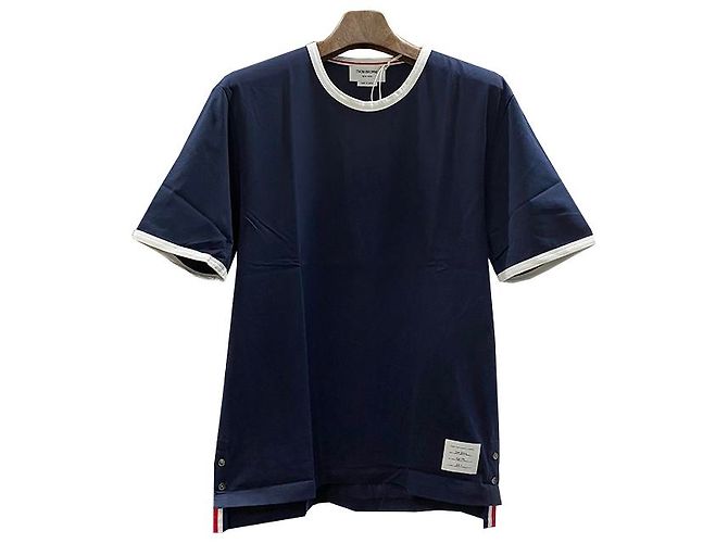 Thom Browne Camiseta Ringer con Abertura Lateral Azul Marino - vista 11