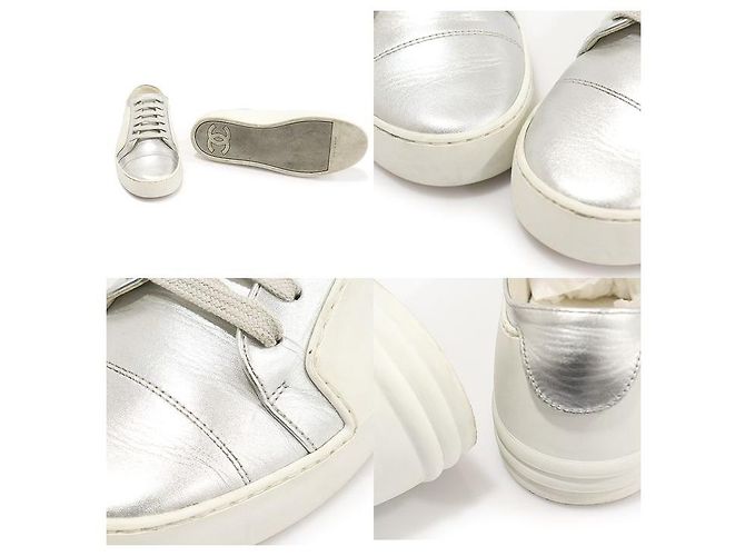 Chanel Sneakers da donna in pelle di vitello argentata con logo CC in gomma bianca - vista 6