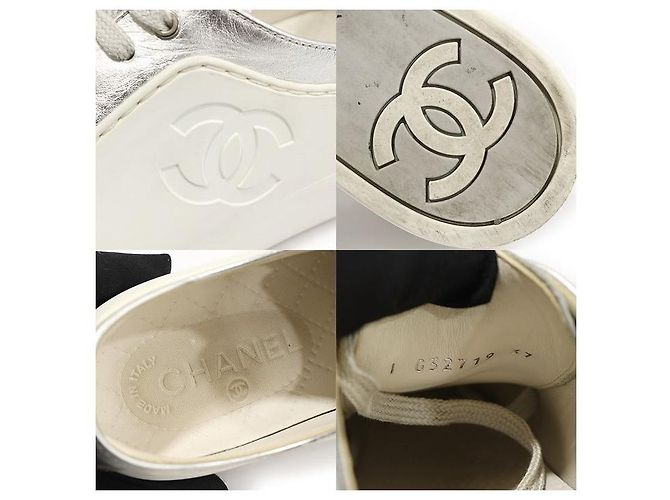 Chanel Sneakers da donna in pelle di vitello argentata con logo CC in gomma bianca - vista 7