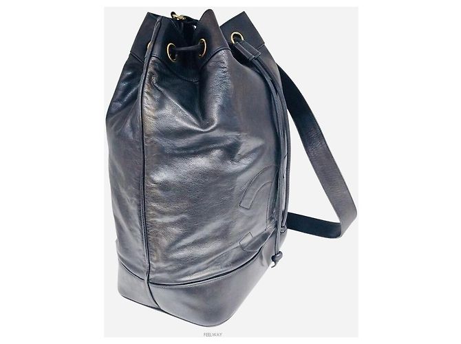Chanel Vintage CC Bucket Drawstring One Shoulder Backpack Sling Bag Black - view 3