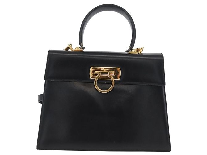 Borsa a mano in pelle Gancini Salvatore Ferragamo 2 in 1 Nero Oro Auth ARZ416 - vista 13