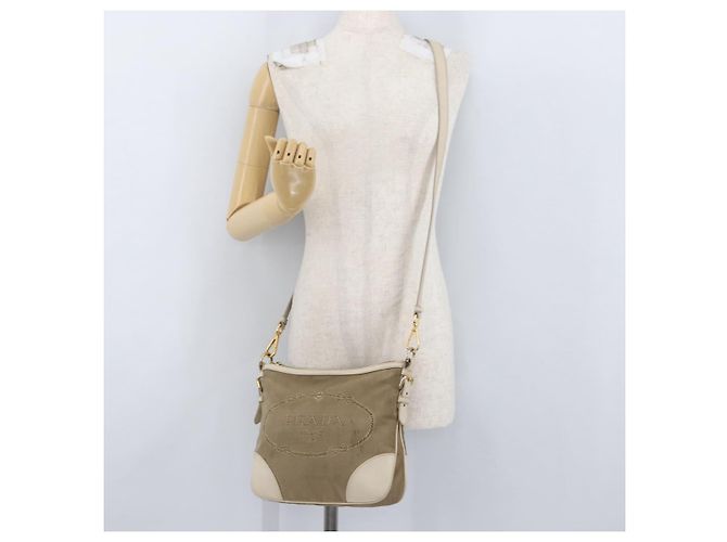 Borsa a Spalla PRADA in Tela Pelle Beige Oro Auth 174479 D'oro - vista 25