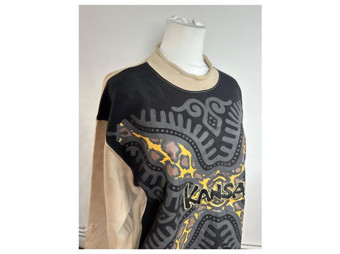 Autre Marque Pull ras du cou vintage Kansai Yamamoto beige noir abstrait M - vue 5