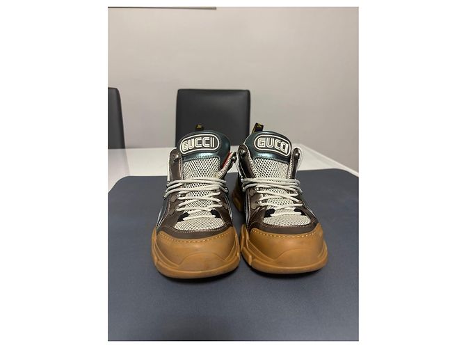Sneakers Gucci Rhyton in pelle e tessuto Marrone Bianco Metallico - vista 4