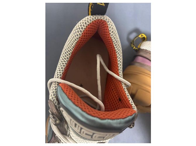 Sneakers Gucci Rhyton in pelle e tessuto Marrone Bianco Metallico - vista 5