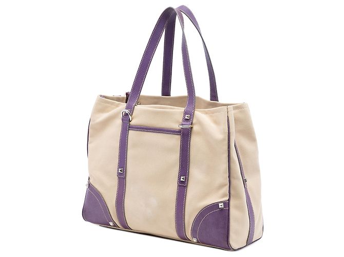 Borsa tote in tela con tasca frontale in pelle marrone con borchie Prada Beige - vista 2