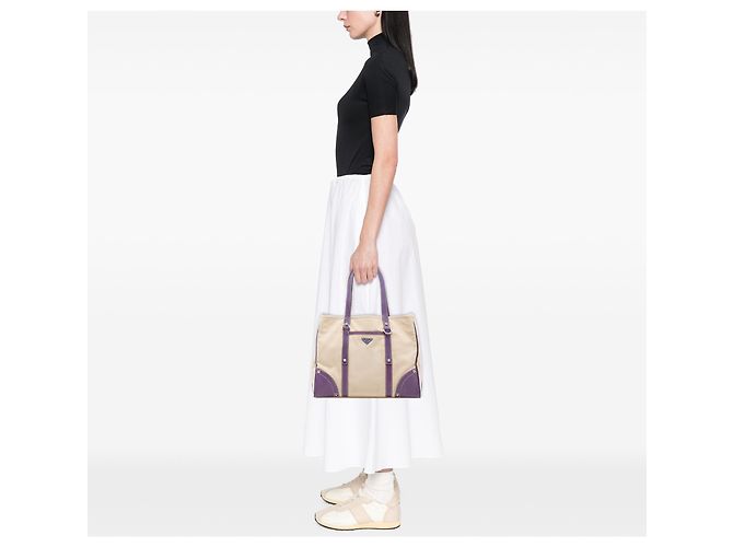 Borsa tote in tela con tasca frontale in pelle marrone con borchie Prada Beige - vista 6