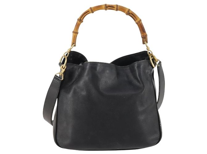 Borsa a mano in pelle Gucci Bamboo 2 in 1 Nero Oro Auth 172300 D'oro - vista 2
