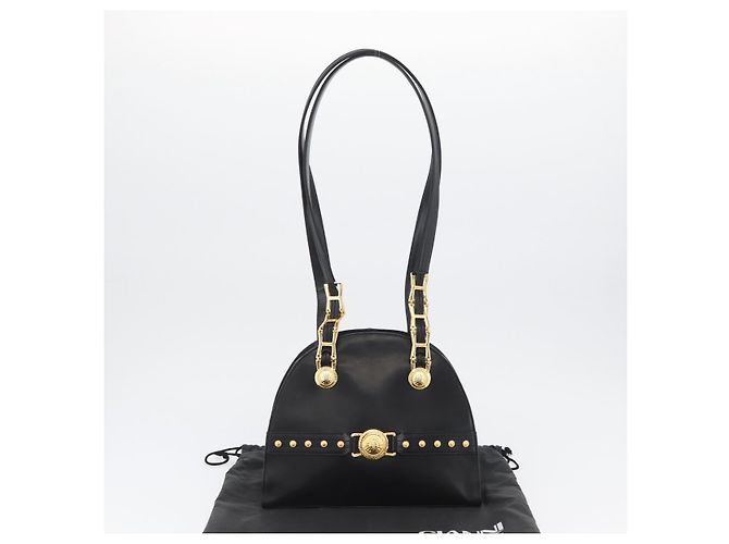 Borsa Tote Sunburst in pelle nera e oro Gianni Versace Auth am10821A Preto Dourado - vista 12