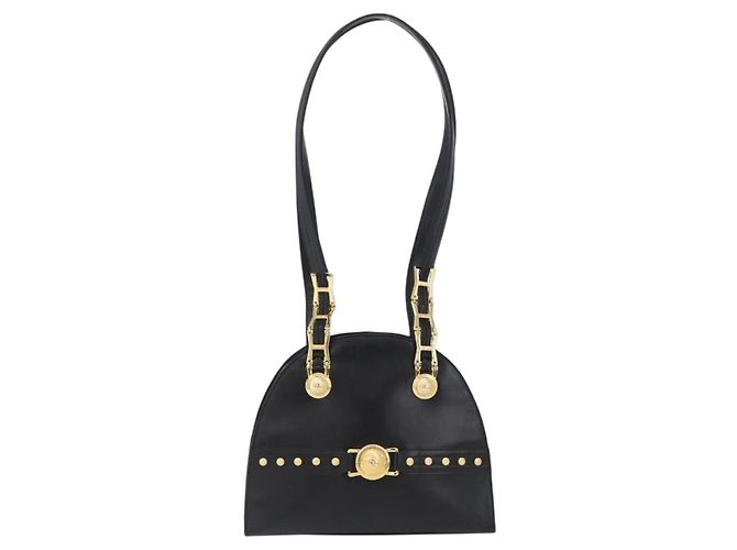 Borsa Tote Sunburst in pelle nera e oro Gianni Versace Auth am10821A Preto Dourado - vista 13