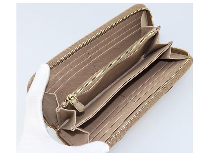 PRADA Cartera Larga con Cinta de cuero Safiano Beige Dorado Auth fm5266 - vista 9