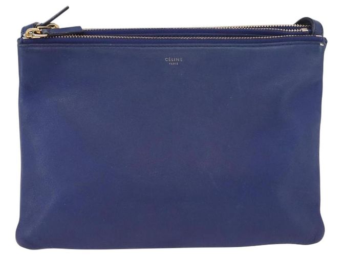 Céline Borsa a Spalla CELINE Trio in Pelle Blu Oro Auth ARZ364 D'oro - vista 13