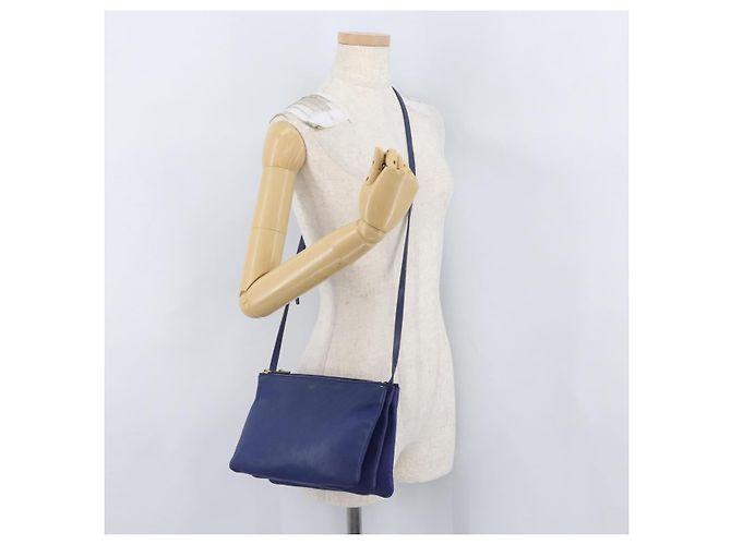 Céline Borsa a Spalla CELINE Trio in Pelle Blu Oro Auth ARZ364 D'oro - vista 23