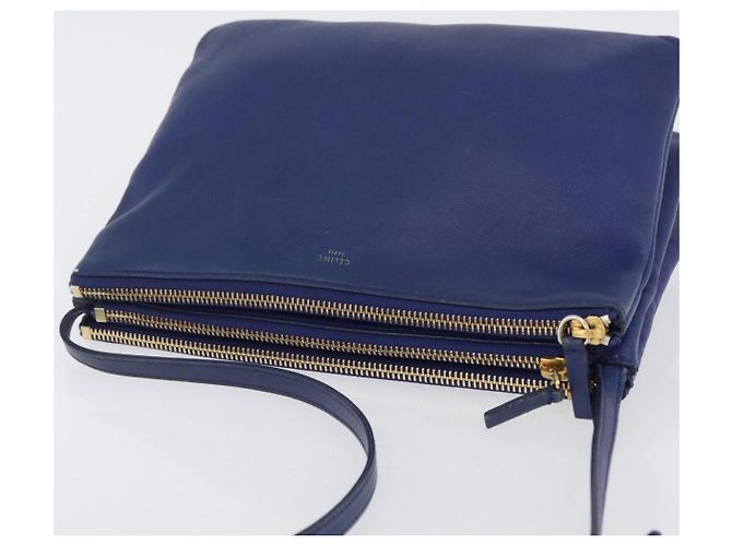 Céline Borsa a Spalla CELINE Trio in Pelle Blu Oro Auth ARZ364 D'oro - vista 6