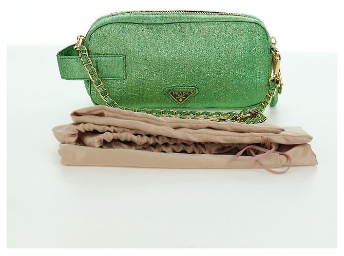 Borsa a Spalla con Catena Prada in Tela Verde Oro Auth LNZ744V D'oro - vista 12