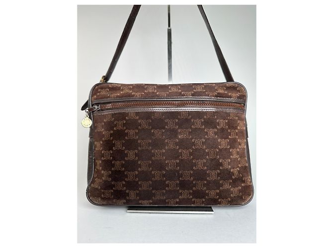 Céline Vintage Celine Paris Triomphe Monogramm Wildleder Schultertasche Braun - Ansicht 10