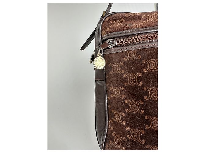 Céline Vintage Celine Paris Triomphe Monogramm Wildleder Schultertasche Braun - Ansicht 3