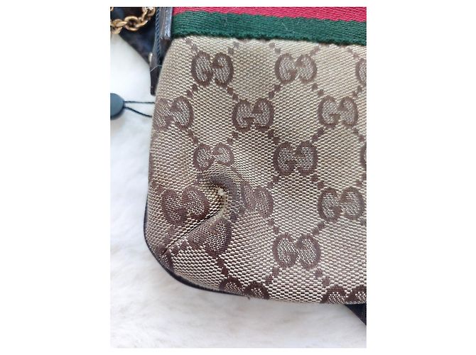 Gucci Monogram Beige Canvas Handtasche Braun Rot Grün - Ansicht 10