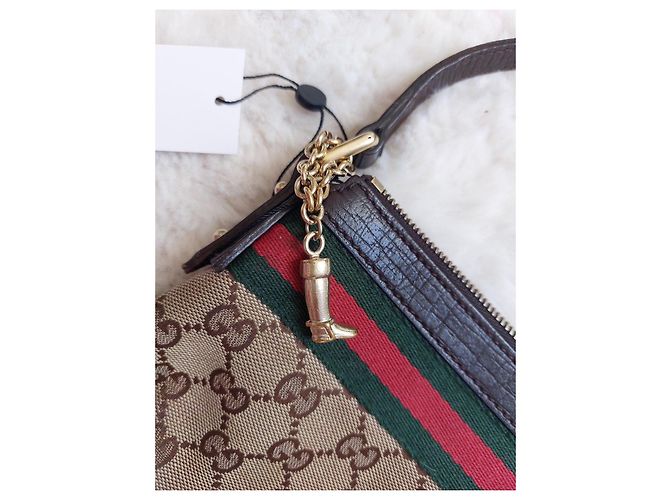 Gucci Monogram Beige Canvas Handtasche Braun Rot Grün - Ansicht 14
