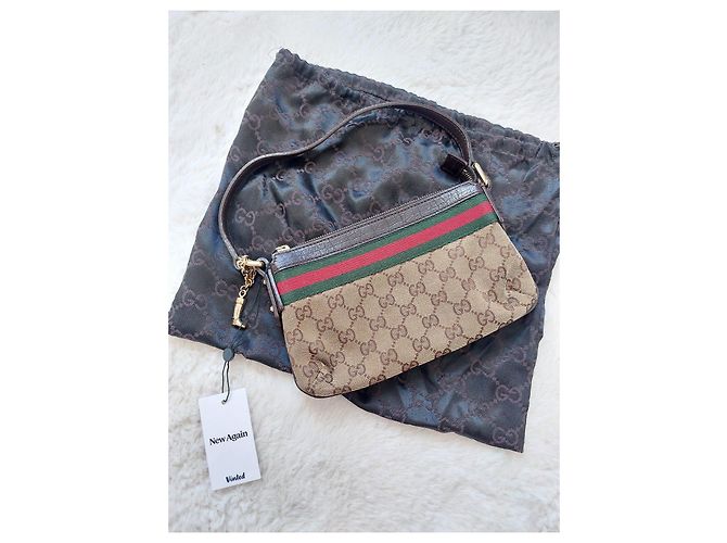 Gucci Monogram Beige Canvas Handtasche Braun Rot Grün - Ansicht 2