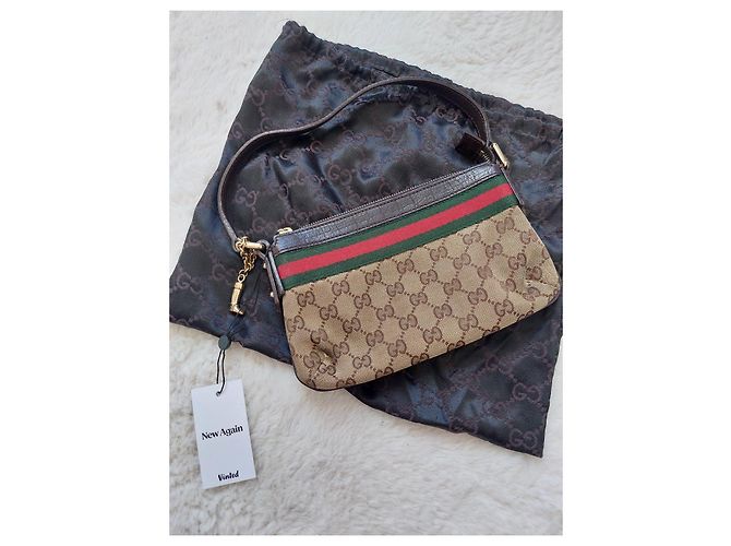 Gucci Monogram Beige Canvas Handtasche Braun Rot Grün - Ansicht 3
