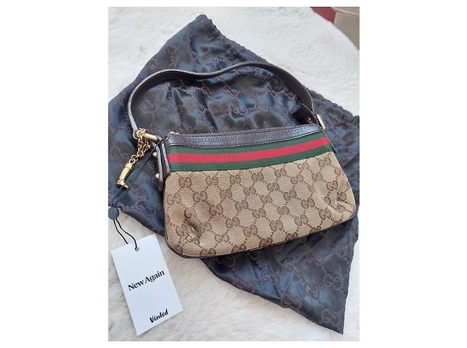 Gucci Monogram Beige Canvas Handtasche Braun Rot Grün - Ansicht 4