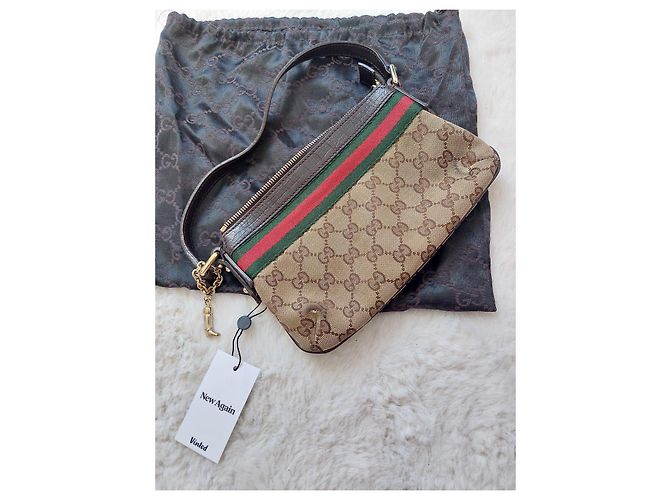 Gucci Monogram Beige Canvas Handtasche Braun Rot Grün - Ansicht 7