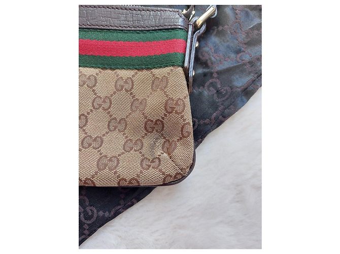 Gucci Monogram Beige Canvas Handtasche Braun Rot Grün - Ansicht 8