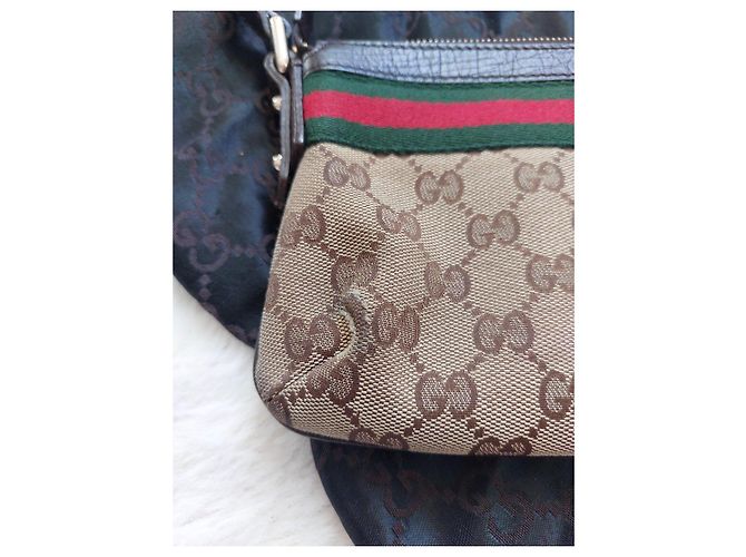 Gucci Monogram Beige Canvas Handtasche Braun Rot Grün - Ansicht 9
